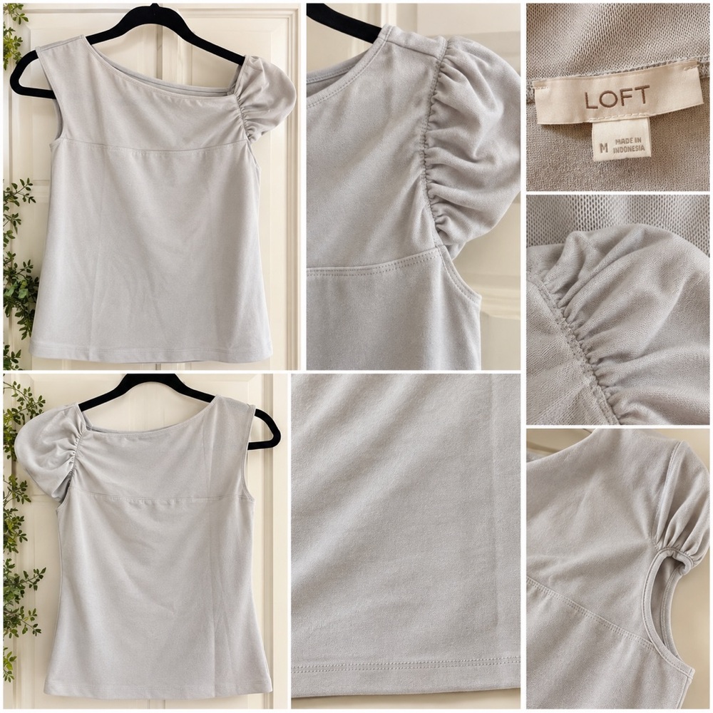 LOFT Asymmetric One-Shoulder Puff-Sleeve Tank — Light Gray
